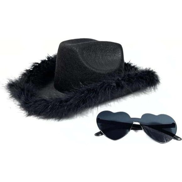 Cowboy Hat Felt Black with Feathers for Women and Heart Sunglasses Set